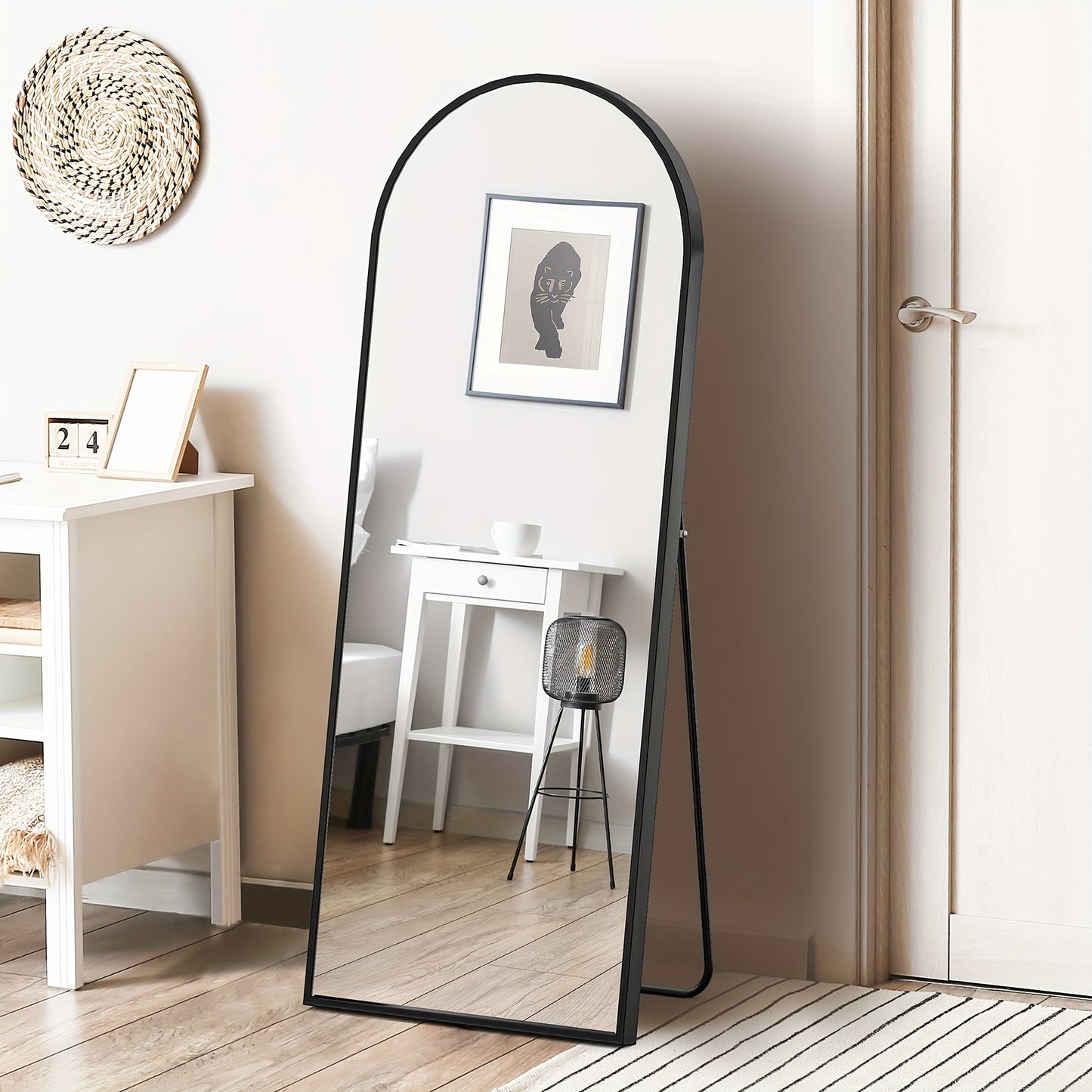 64"x21" Black Arched Full Length Mirror, Standing Leaning or Mounted Hanging Wall Mirror for Bedroom, Livingroom, Cloakroom, Aluminum Frame Body Mirror, Modern