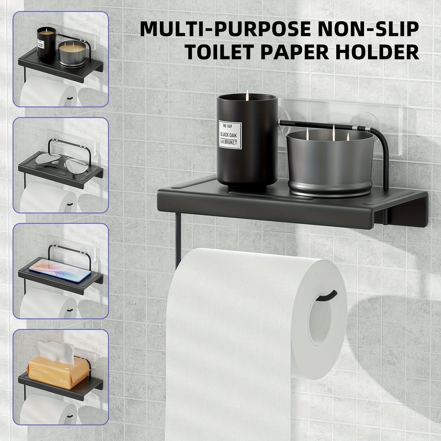Shower Caddy 6 Pack, Toilet Paper Holder, Soap Holder, Toothbrush Holder, No Drilling, 13 in Large Capacity, Adhesive Shower Organizer for Bathroom Storage&Kitchen (Black)