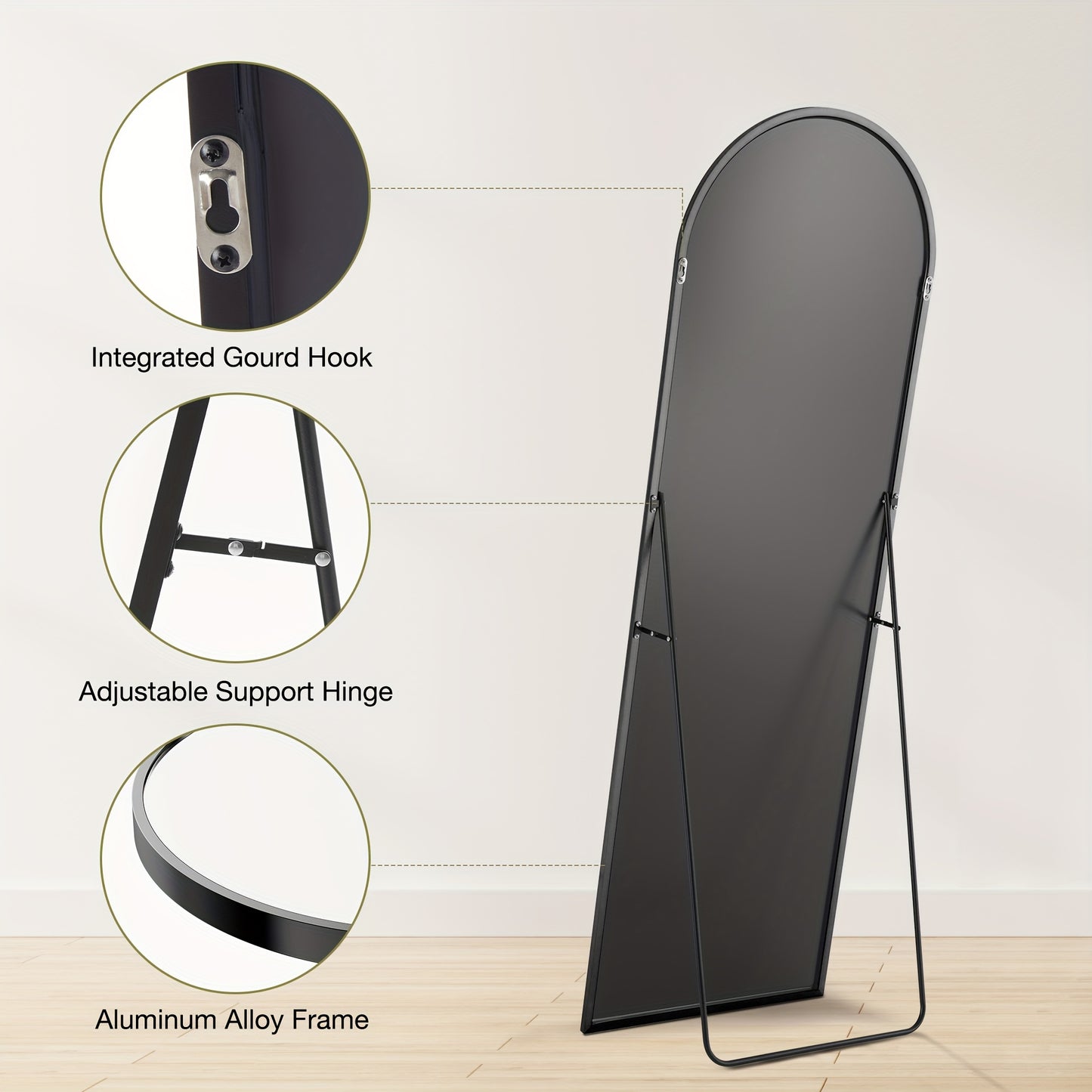 64"x21" Black Arched Full Length Mirror, Standing Leaning or Mounted Hanging Wall Mirror for Bedroom, Livingroom, Cloakroom, Aluminum Frame Body Mirror, Modern