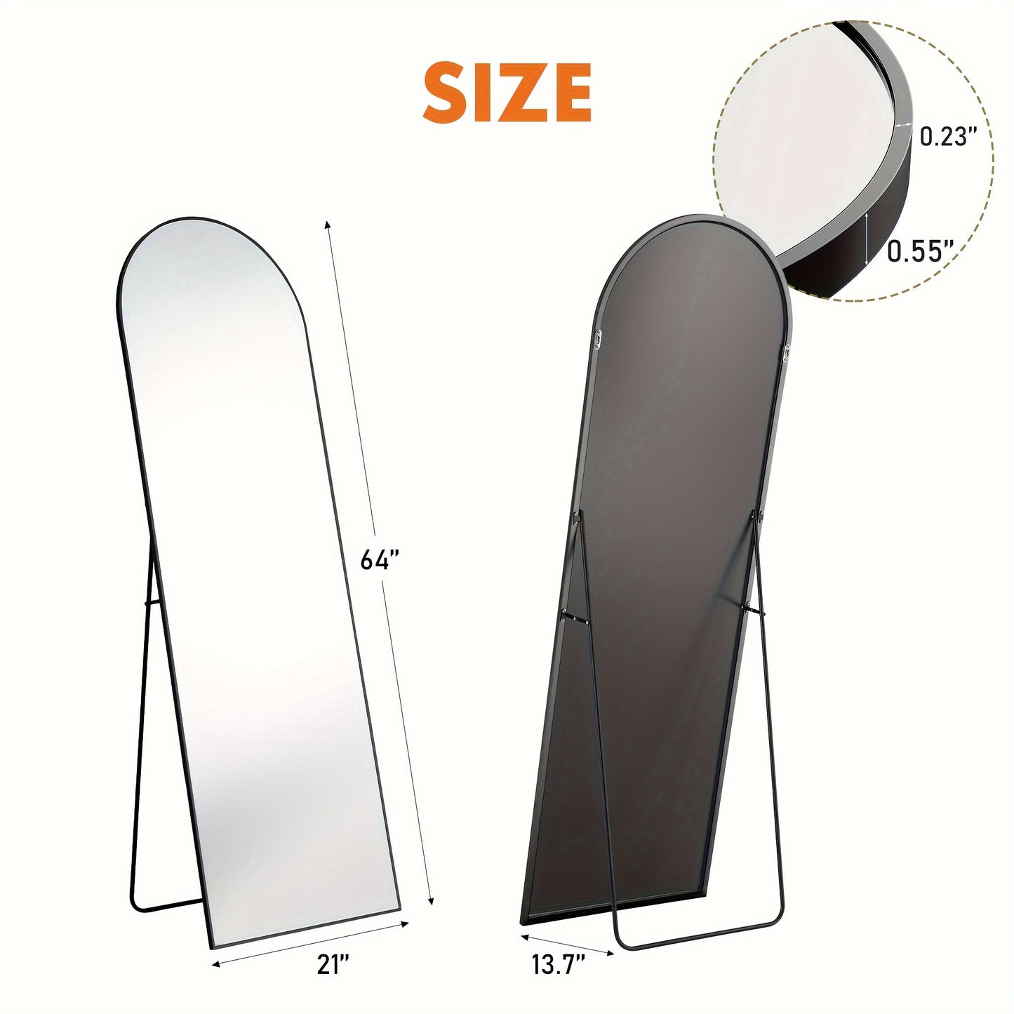 64"x21" Black Arched Full Length Mirror, Standing Leaning or Mounted Hanging Wall Mirror for Bedroom, Livingroom, Cloakroom, Aluminum Frame Body Mirror, Modern