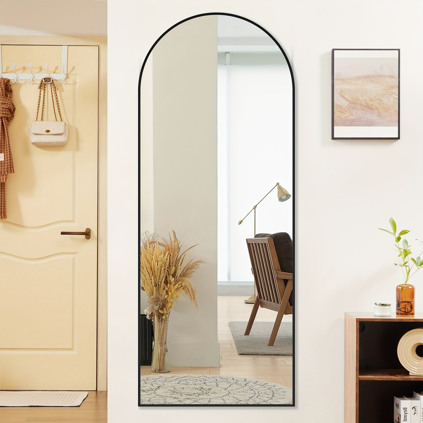 64"x21" Black Arched Full Length Mirror, Standing Leaning or Mounted Hanging Wall Mirror for Bedroom, Livingroom, Cloakroom, Aluminum Frame Body Mirror, Modern