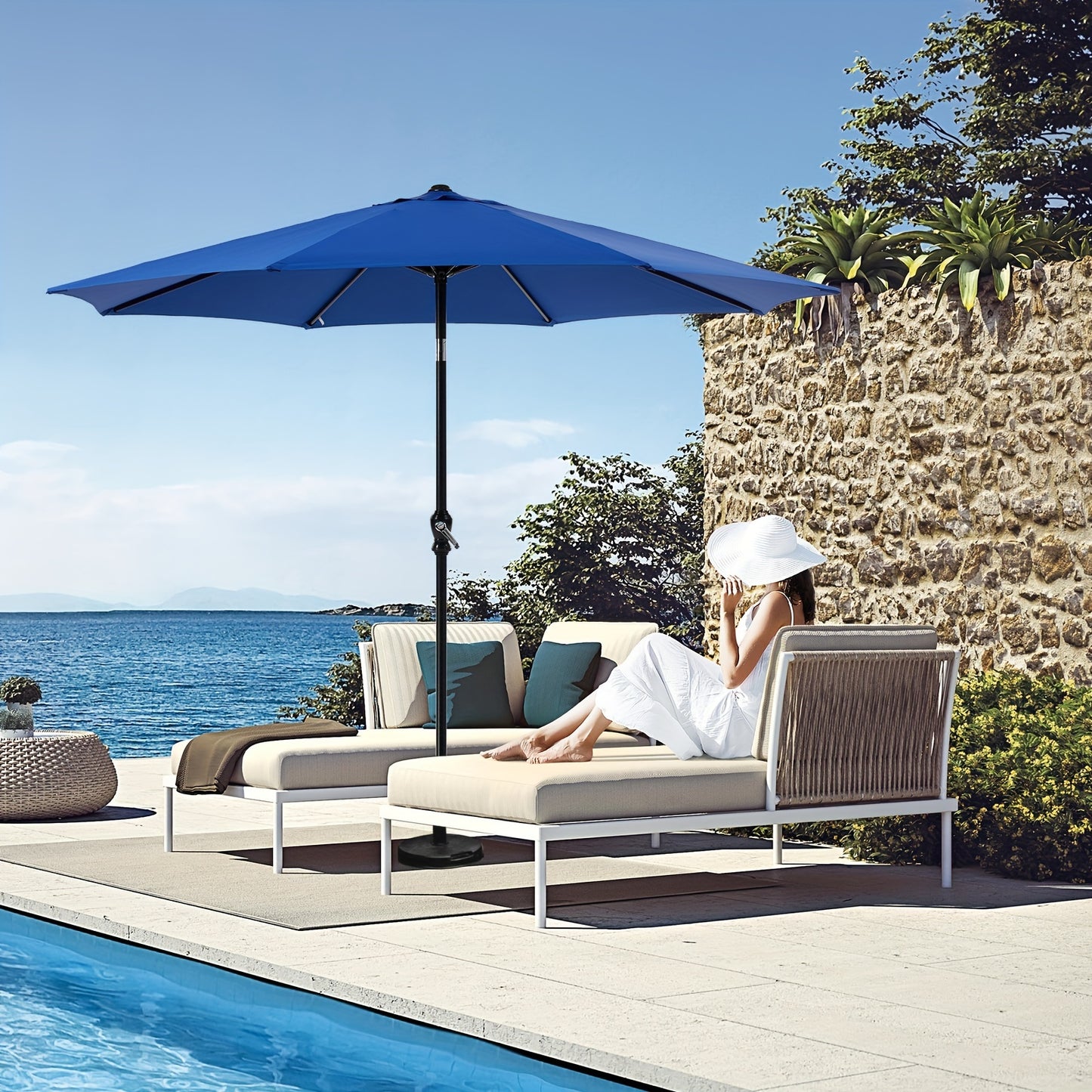 9 FT Outdoor Umbrella, Patio Table Umbrella with Push Button Tilt and Crank, Pool Beach Yard Umbrella for Commercial & Residential with 8 Sturdy Ribs