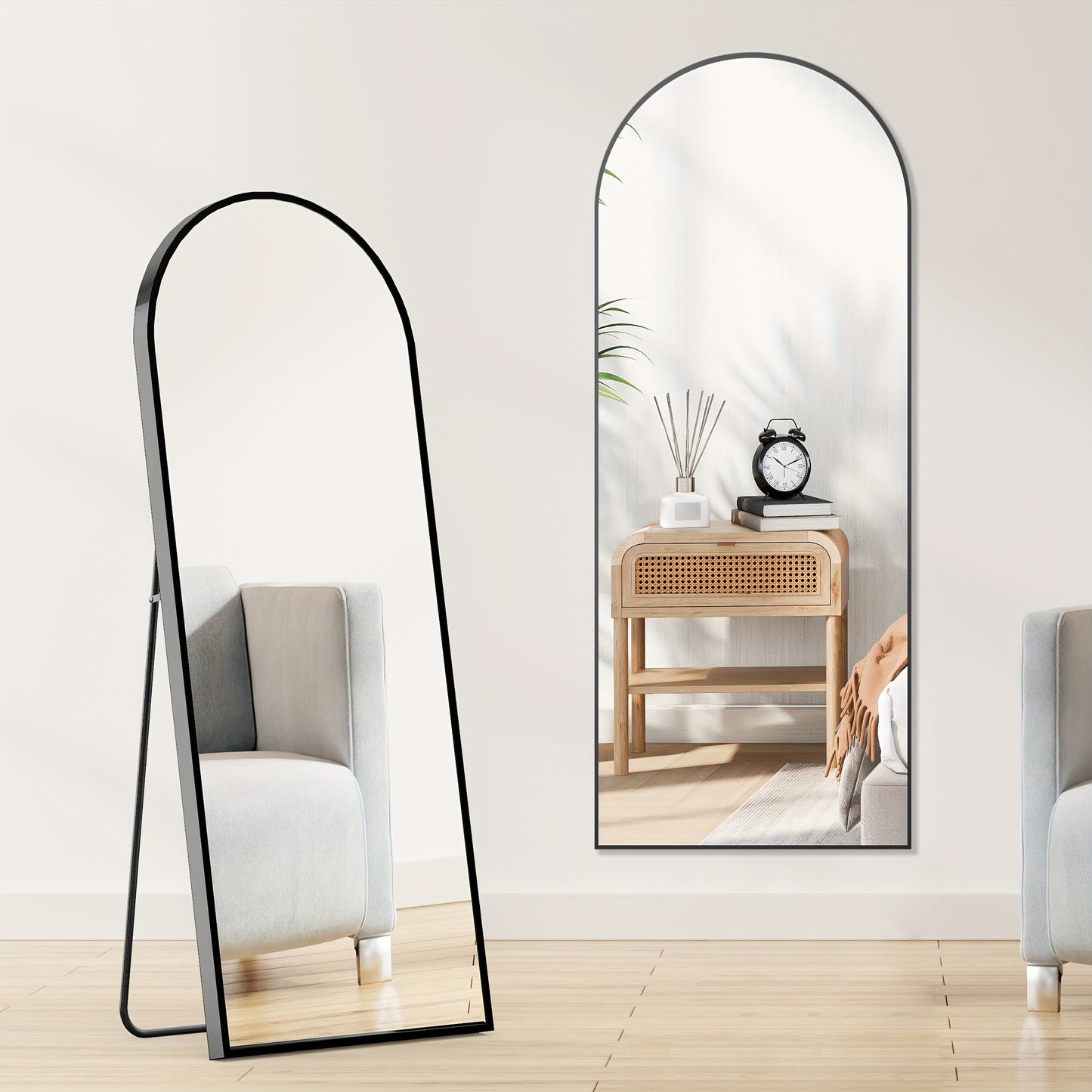 64"x21" Black Arched Full Length Mirror, Standing Leaning or Mounted Hanging Wall Mirror for Bedroom, Livingroom, Cloakroom, Aluminum Frame Body Mirror, Modern