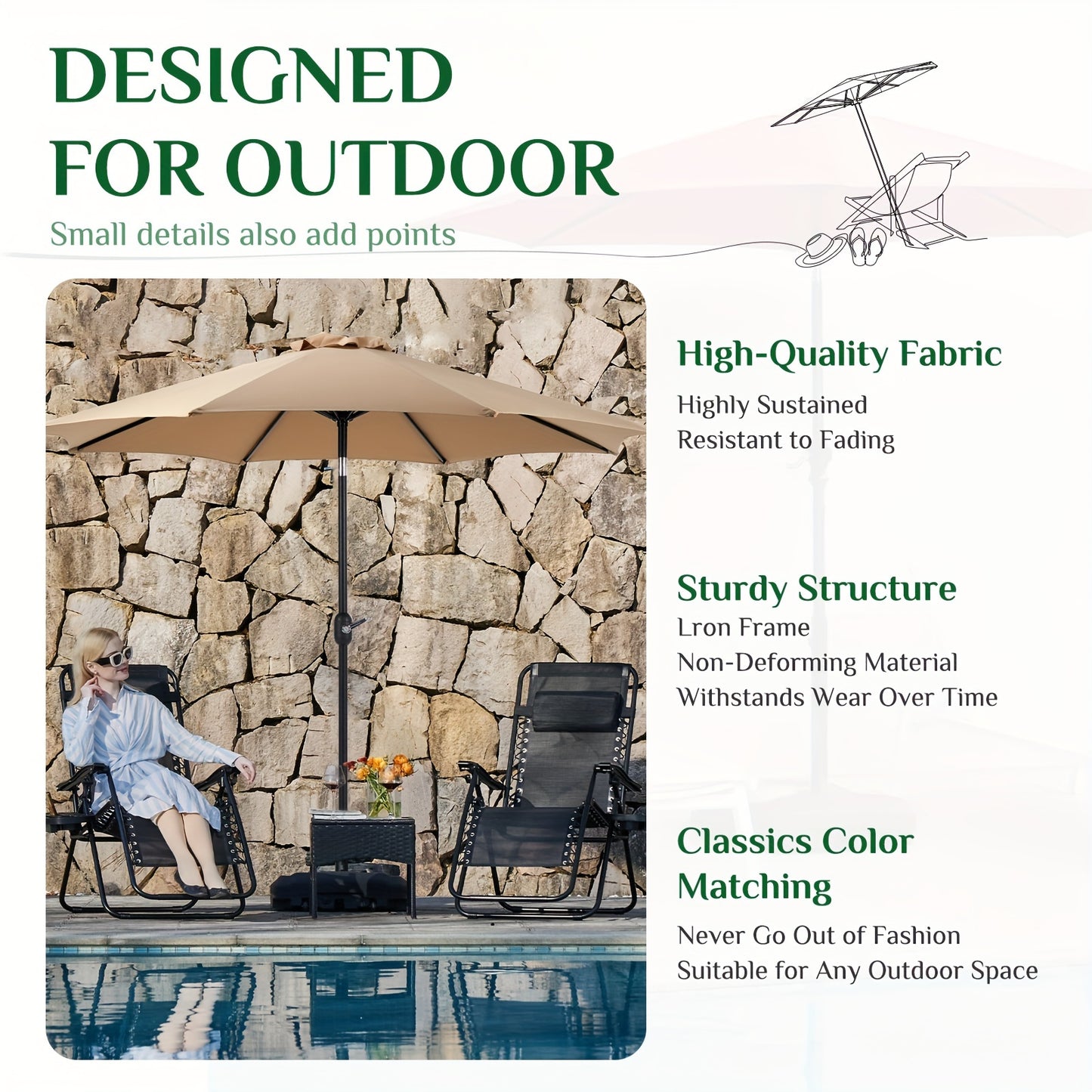 OLIXIS 9' Outdoor Patio Umbrella, Outdoor Table Umbrella with 8 Sturdy Ribs, Market Yard Umbrella with Push Button Tilt and Crank
