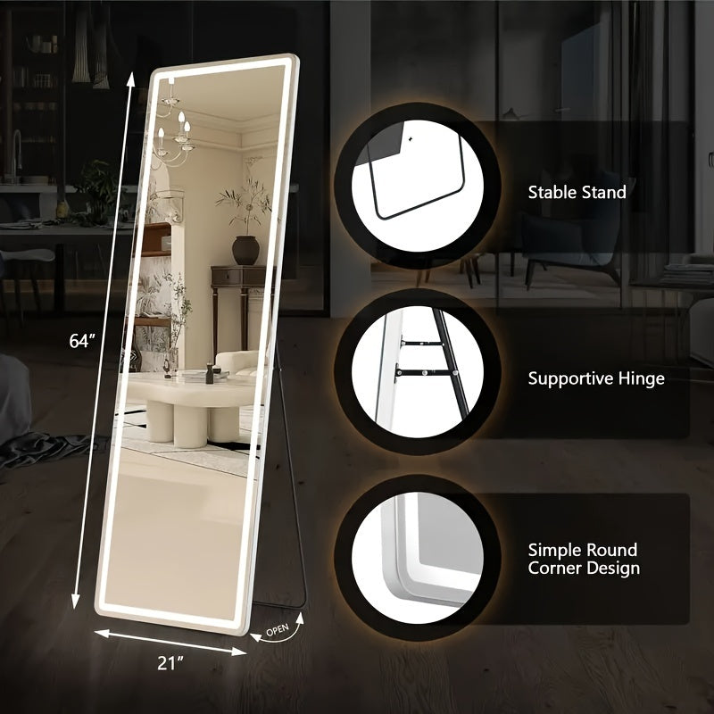 1pc Full-Length LED Standing Mirror, 64"x21" Traditional StyleLighted Floor Mirror, Lighted Floor Mirror With Adjustable LightSettings And Stable Stand For Bedroom Or Dressing Room